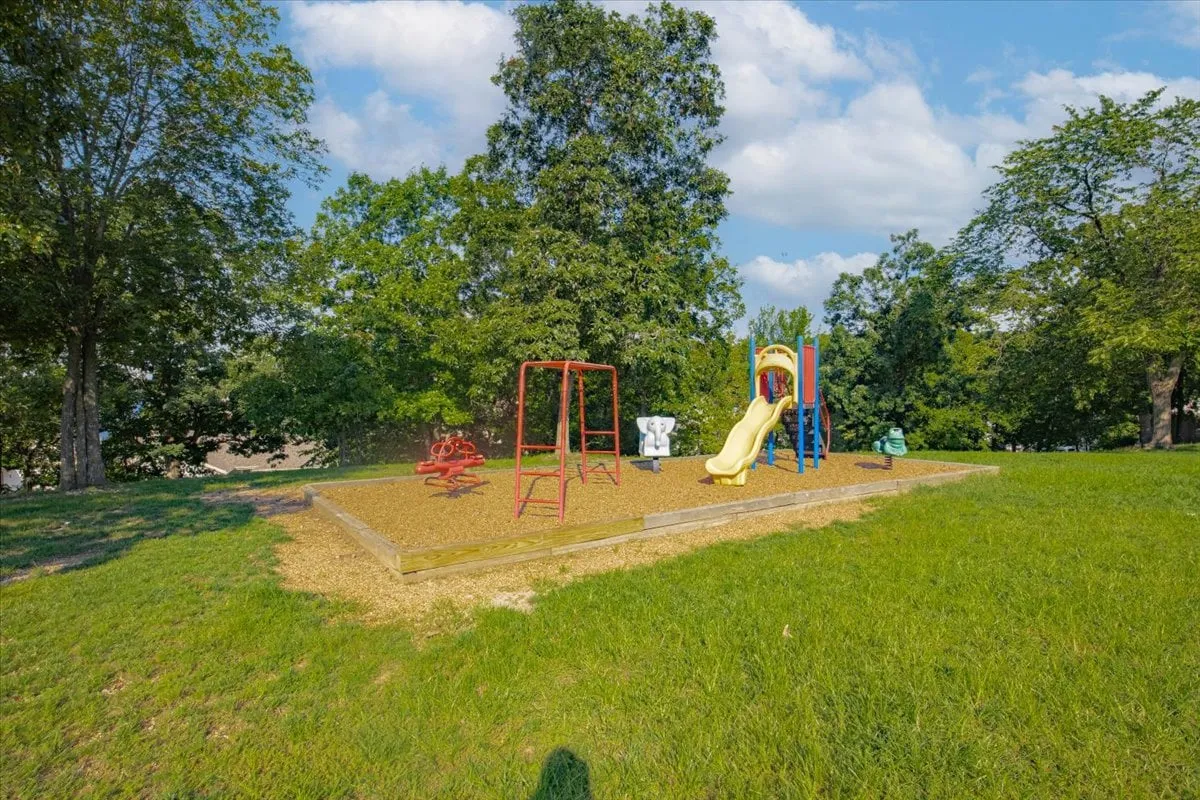 A cheerful outdoor playground set amid green grass and trees, with colorful equipment designed for children. The inviting space encourages active play and outdoor family fun.